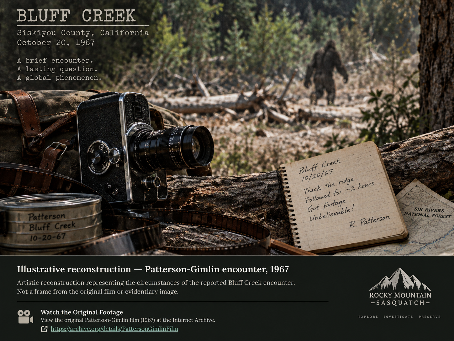 Illustrative reconstruction of the 1967 Patterson-Gimlin encounter at Bluff Creek with a film camera, field notes, and a distant unidentified figure