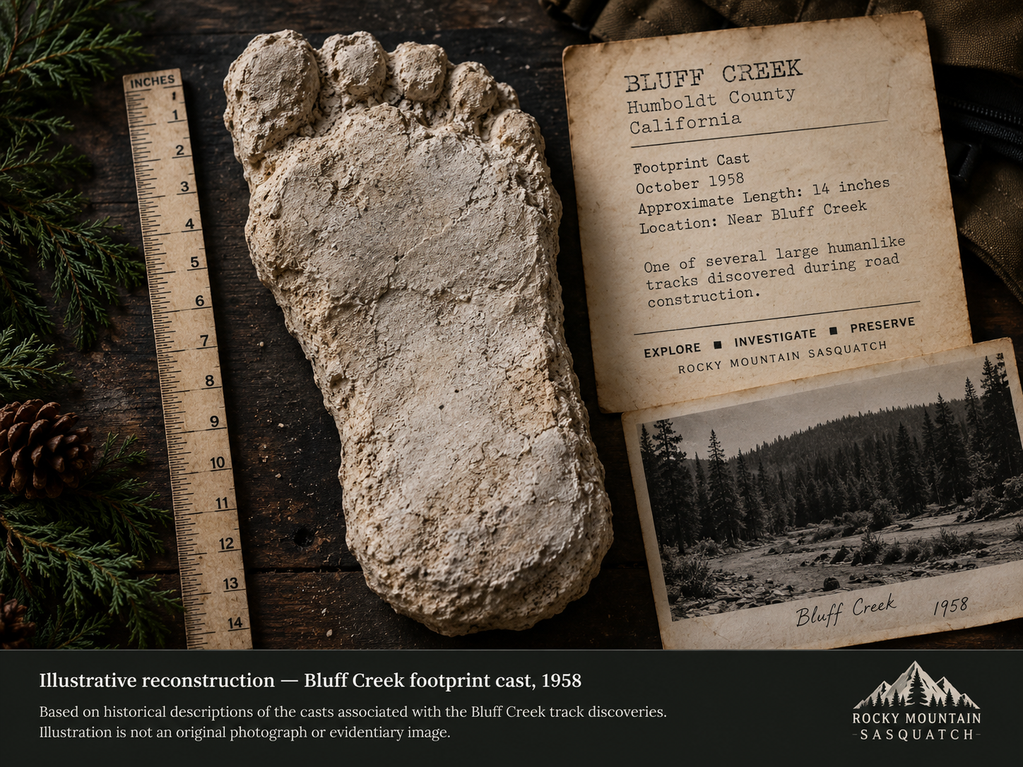 Illustrative reconstruction of a 1958 Bluff Creek footprint cast displayed with archival-style field notes and measuring scale