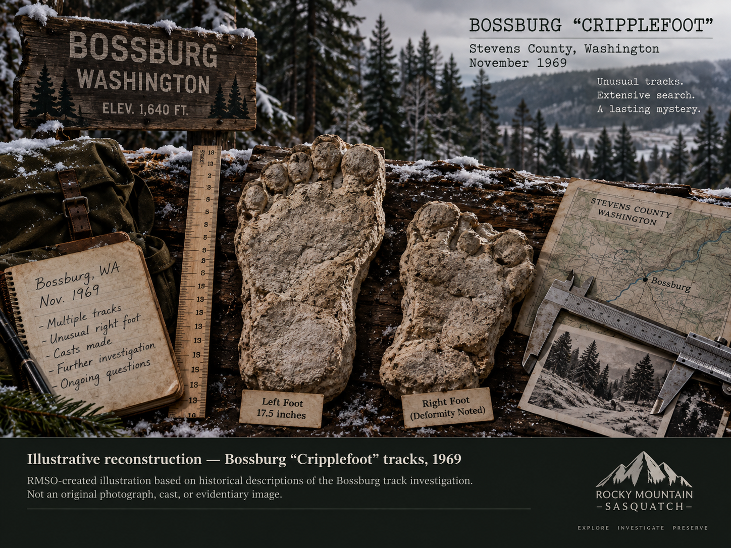 Illustrative reconstruction of the 1969 Bossburg Cripplefoot track investigation showing footprint casts, measuring equipment, field notes, and a Washington winter setting