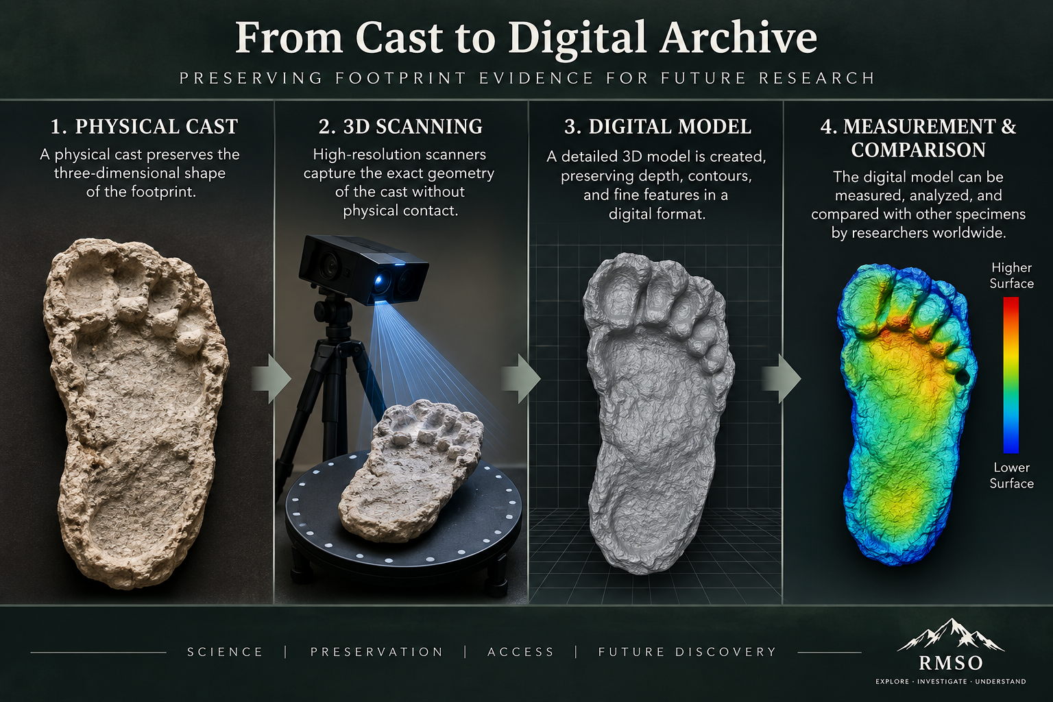 Educational illustration showing the process of preserving footprint evidence from a physical cast through 3D scanning, digital preservation, and measurement.