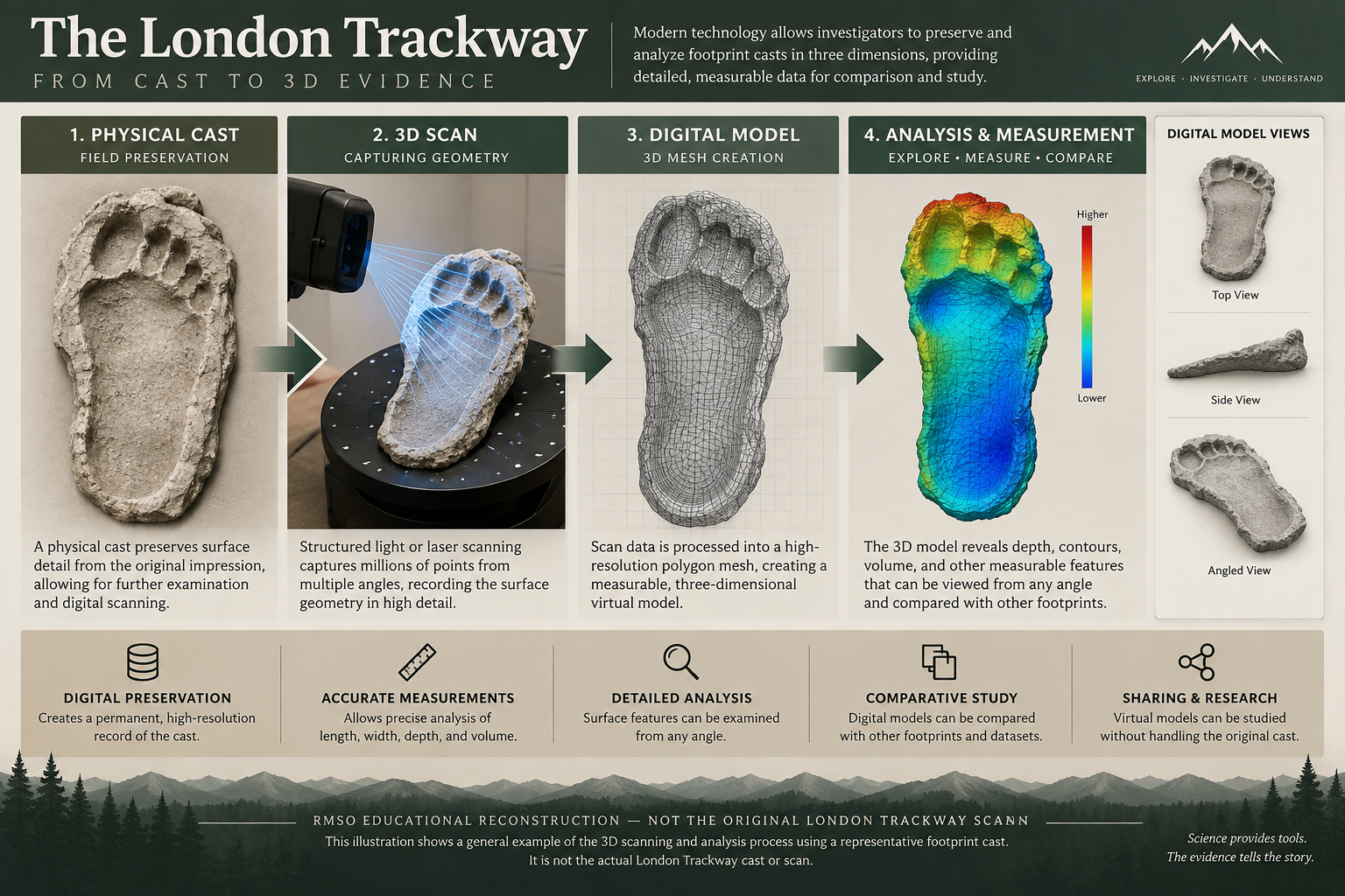 RMSO educational reconstruction showing a footprint cast progressing through 3D scanning, digital modeling, and measurement analysis.