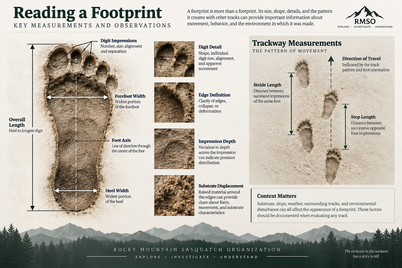 RMSO educational diagram showing common footprint and trackway measurements including overall length, forefoot width, heel width, foot axis, digit impressions, step length, stride length, and direction of travel.