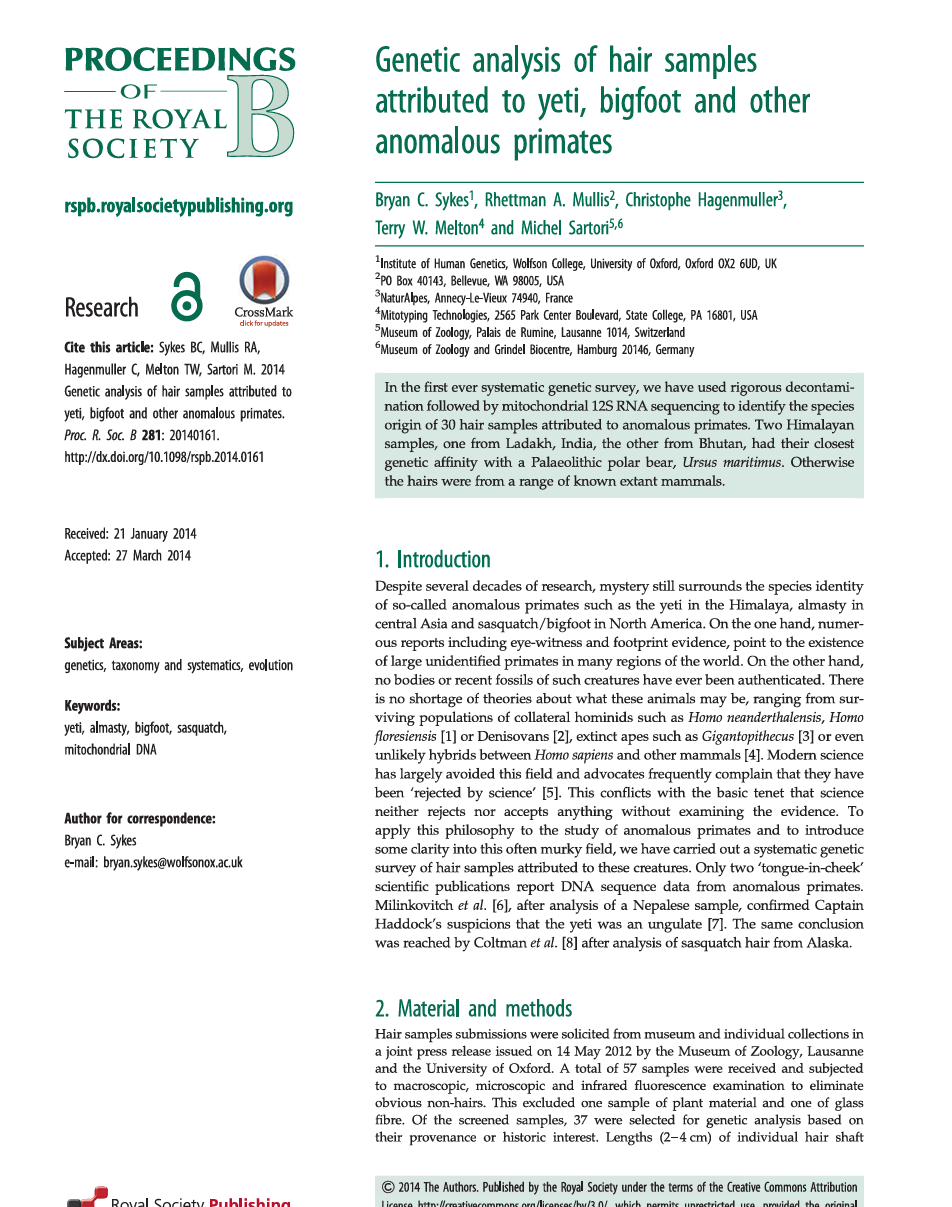 First page of the 2014 Sykes et al. peer-reviewed genetic study of hair samples attributed to Yeti, Bigfoot, Sasquatch, and other alleged anomalous primates.
